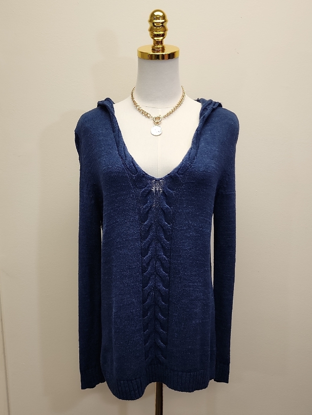 Tommy Bahama Navy Cable Knit Hooded Sweater Linen Blend Size Medium